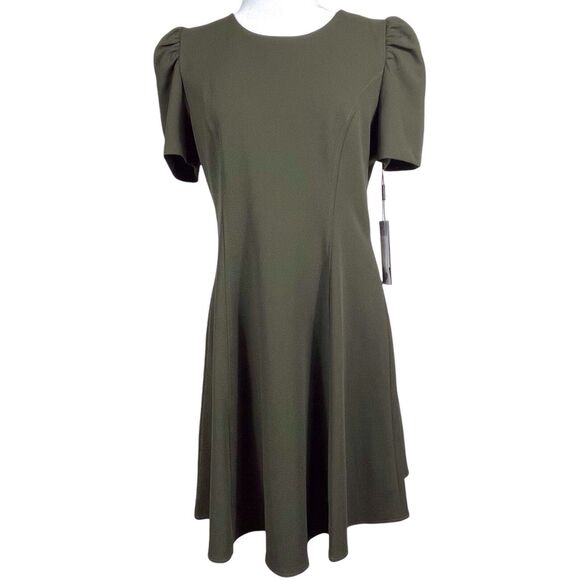 NWT Karl Lagerfeld Paris Short Puff-Sleeve Scuba Crepe Dress Size 8 Olive Green - Picture 1 of 16